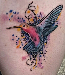 Hummingbird watercolor tattoo, as shown in carousel slideshow